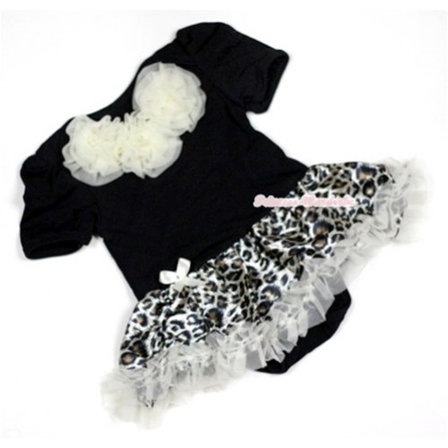 Black Baby Jumpsuit Cream White Leopard Pettiskirt with Cream White Rosettes JS484 