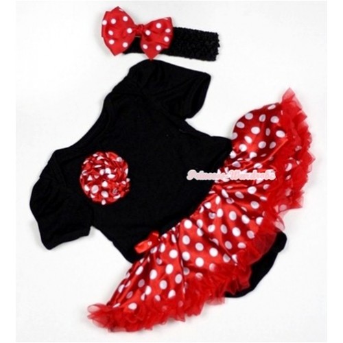 Black Baby Jumpsuit Minnie Dots Pettiskirt With One Minnie Dots Rose With Black Headband Red White Polka Dots Ribbon Bow JS488 