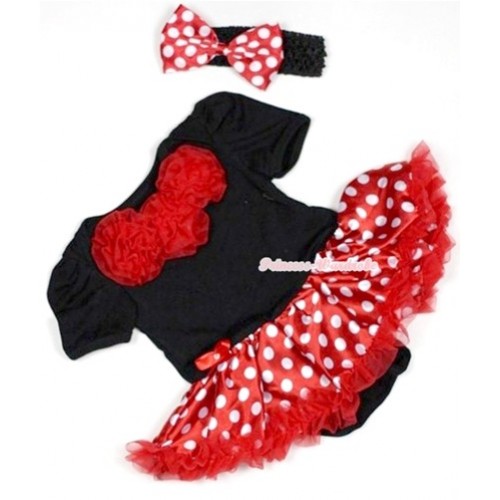 Black Baby Jumpsuit Minnie Dots Pettiskirt With Red Rosettes With Black Headband Minnie Dots Satin Bow JS491 