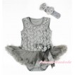 Valentine's Day Grey Romantic Rose Baby Bodysuit Pettiskirt & Bow & Grey Headband Rose Bow JS3018 