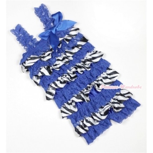 Royal Blue Zebra Satin Ruffles Petti Rompers with Straps with Royal Blue Bow LR152 