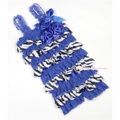 Royal Blue Zebra Satin Ruffles Petti Rompers With Straps With Big Bow & Bunch Of Royal Blue Satin Rosettes& Crystal LR153 