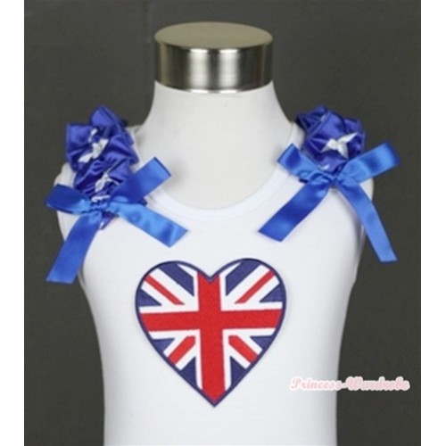 White Tank Top With Patriotic British Heart Print with Patriotic American Star Ruffles & Royal Blue Bow TB350 