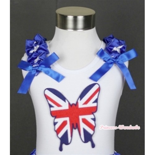 White Tank Top With Patriotic British Butterfly Print with Patriotic American Star Ruffles & Royal Blue Bow TB351 