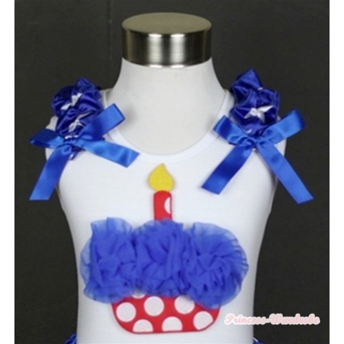 White Tank Top With Royal Blue Rosettes Minnie Dots Birthday Cake Print with Patriotic American Star Ruffles & Royal Blue Bow TB354 