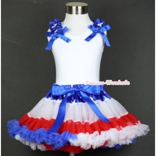 White Tank Top With Patriotic American Star Ruffles & Royal Blue Bows With Patriotic American Star Waist Red White Royal Blue Pettiskirt MN103 