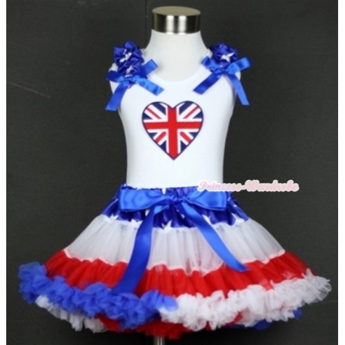 White Tank Top with Patriotic British Heart Print with Patriotic American Star Ruffles & Royal Blue Bow & Patriotic American Star Waist Red White Royal Blue Pettiskirt MG566 