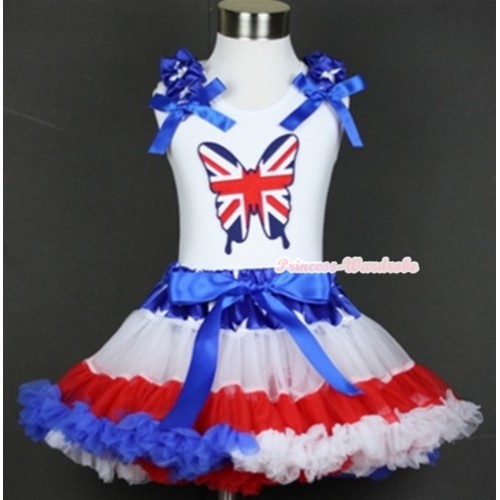 White Tank Top with Patriotic British Butterfly Print with Patriotic American Star Ruffles & Royal Blue Bow & Patriotic American Star Waist Red White Royal Blue Pettiskirt MG568 