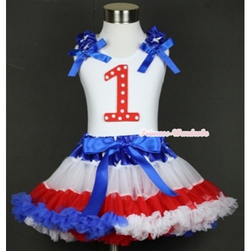 White Tank Top with 1st Red White Dots Birthday Number Print with Patriotic American Star Ruffles & Royal Blue Bow & Patriotic American Star Waist Red White Royal Blue Pettiskirt MG570 