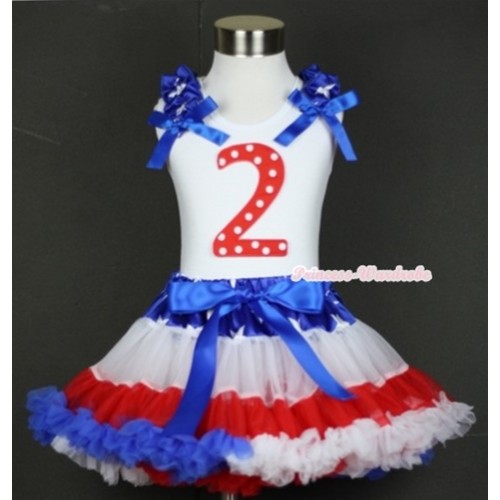 White Tank Top with 2nd Red White Dots Birthday Number Print with Patriotic American Star Ruffles & Royal Blue Bow & Patriotic American Star Waist Red White Royal Blue Pettiskirt MG571 