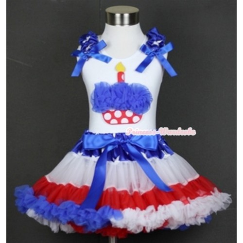 White Tank Top with Royal Blue Rosettes Minnie Dots Birthday Cake Print with Patriotic American Star Ruffles & Royal Blue Bow & Patriotic American Star Waist Red White Royal Blue Pettiskirt MG573 
