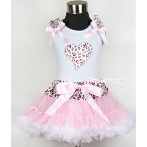 White Tank Top with Light Pink Leopard Heart Print with Light Pink Leopard Ruffles & Light Pink Bow & Light Pink Leopard Waist Light Pink White Pettiskirt MG432 