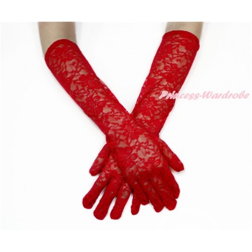 Red Wedding Elbow Length Princess Costume Long Lace See Through Gloves PG004 