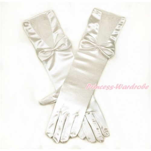 Cream White Wedding Elbow Length Princess Costume Long Lace Satin Gloves with Bow PG007 