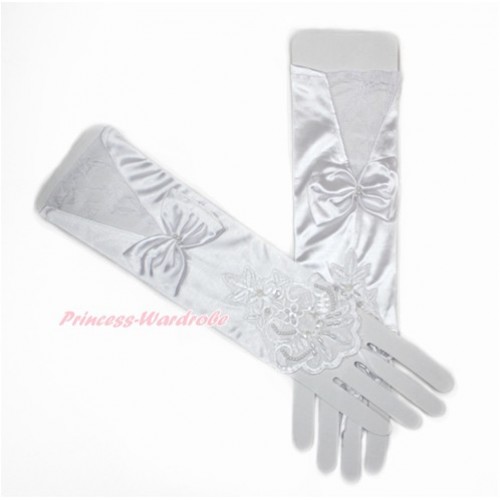 White Wedding Elbow Length Princess Costume Long Lace Satin Fingerless Gloves with Bow PG009 