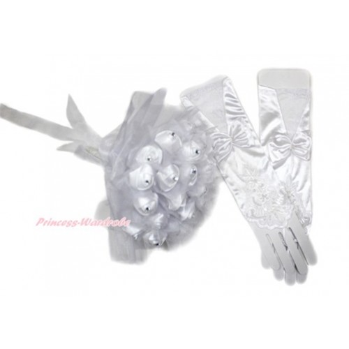 White Wedding Elbow Length Princess Costume Long Lace Satin Fingerless Gloves with Bow & Sparkle Crystal Bling Rhinestone Satin Bridal Bouquet PG009C228 