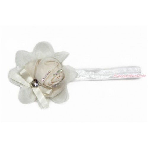 White Headband With Cream White Chiffon Rose Hair Clip H833 