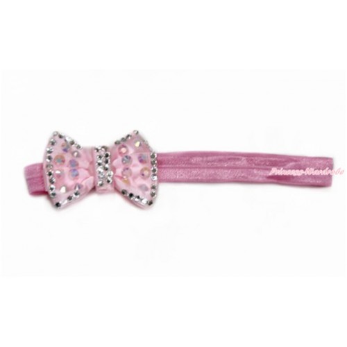 Light Pink Headband With Light Pink Sparkle Crystal Bling Rhinestone & Sequins Bow Hair Clip H834 