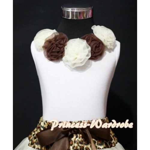 White Tank Tops with Cream White Brown Rosettes T345 