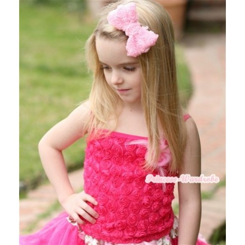 Hot Pink Romantic Rose Strap Pettitop With Light Pink Feather Rosettes TR005 