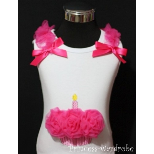 White Birthday Cake Tank Top with Hot Pink Rosettes and Ruffles& Bow TC01 