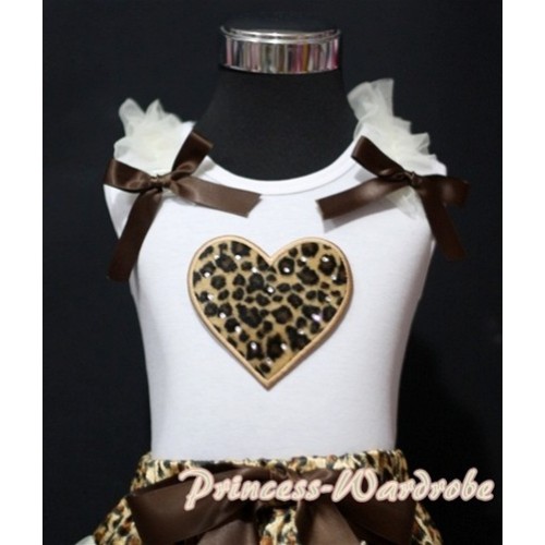 Leopard Sweet Heart White Tank Top with Cream White Ruffles Brown Bows TB155 