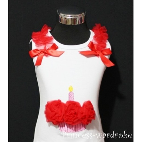 White Birthday Cake Tank Top with Hot Red Rosettes and Bow TC10 
