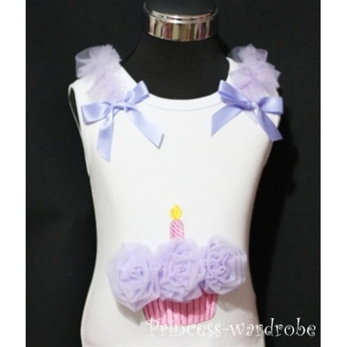 White Birthday Cake Tank Top with Light Purple Rosettes and Ruffles&Bow TC11 