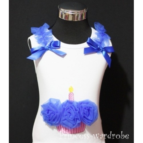 White Birthday Cake Tank Top with Royal Blue Rosettes and Bow TC12 