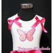 Rainbow Butterfly White Tank Top with Hot Pink Floral Ruffles Hot Pink Bows TB157 