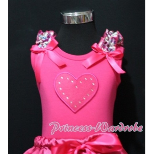 Hot Pink Sweet Heart Print Hot Pink Tank Top with Hot Pink Floral Ruffles Hot Pink Bows TM186 