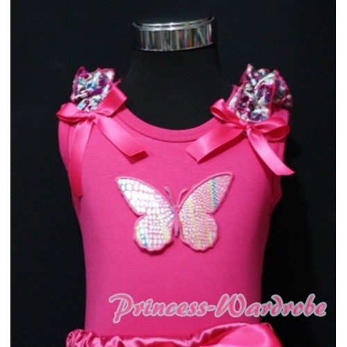 Rainbow Butterfly Hot Pink Tank Top with Hot Pink Floral Ruffles Hot Pink Bows TM187 