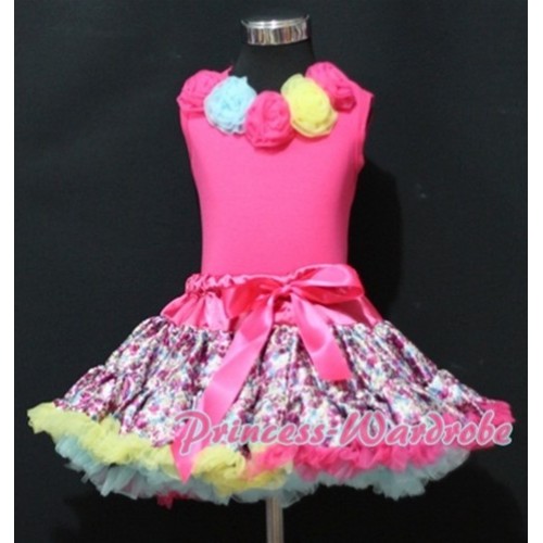 Hot Pink Floral Pettiskirt with Rainbow Rosettes Hot Pink Tank Top MH35 