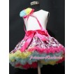 Hot Pink Floral Pettiskirt with Bunch of Hot Pink Light Blue Yellow Rosettes with Hot Pink Bow White Tank Top MG50 