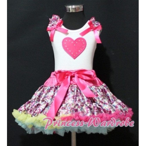 Hot Pink Floral Pettiskirt with Hot Pink Heart & Hot Pink Floral Ruffles Hot Pink Bow White Tank Top MM149 
