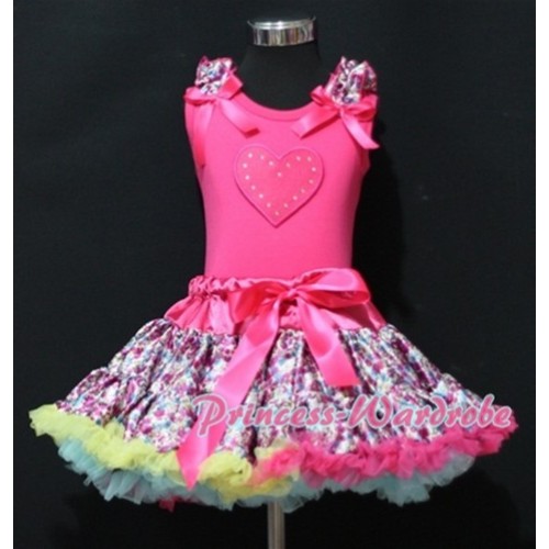 Hot Pink Floral Pettiskirt with Hot Pink Heart & Hot Pink Floral Ruffles Hot Pink Bow Hot Pink Tank Top MM151 