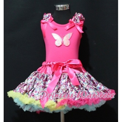 Hot Pink Floral Pettiskirt with Rainbow Butterfly & Hot Pink Floral Ruffles Hot Pink Bow Hot Pink Tank Top MM152 