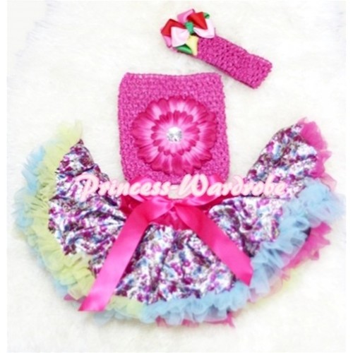 Hot Pink Floral Baby Pettiskirt, Hot Pink Flower Hot Pink Crochet Tube Top, Ribbon Clip Headband 3PC Set CT74 