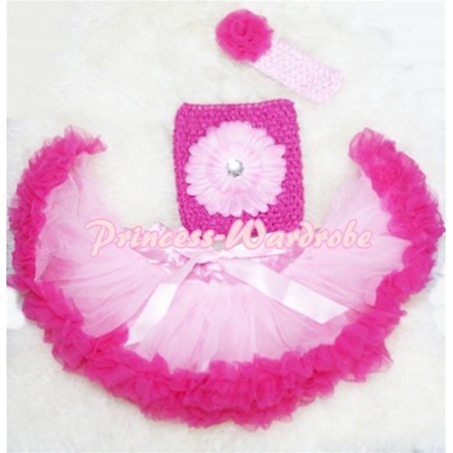Light Hot Pink Baby Pettiskirt, Light Pink Flower Hot Pink Crochet Tube Top, Rose Headband 3PC Set CT77 