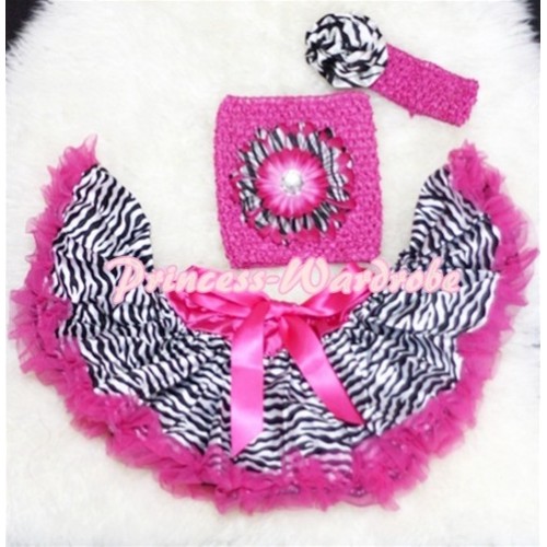 Hot Pink Zebra Baby Pettiskirt, Hot Pink Zebra Flower Hot Pink Crochet Tube Top, Rose Headband 3PC Set CT80 