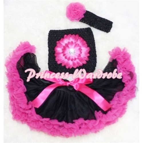 Black Hot Pink Baby Pettiskirt, Hot Pink Flower Black Crochet Tube Top, Hot Pink Rose Black Headband 3PC Set CT81 
