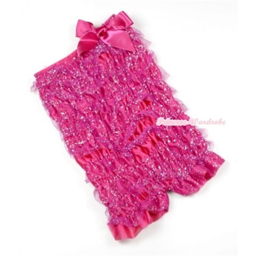 Sparkle Hot Pink Ruffles Petti Rompers with Hot Pink Bow LR155 