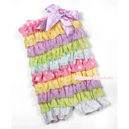 Rainbow Light Pink White Dots Ruffles Petti Rompers with Lavender Bow LR159 