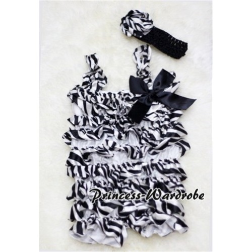 Black Zebra Chiffon Romper with Black Bow & Straps with Headband Set RH22 