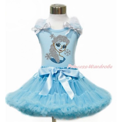 Light Blue Tank Top with White Ruffles & Sparkle Silver Grey Bow with Sparkle Crystal Bling Rhinestone Princess Elsa Print & Light Blue Pettiskirt MH194 