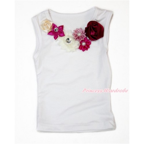 White Tank Top With Rainbow Red Pearl Flower Rosettes Lacing TB741 