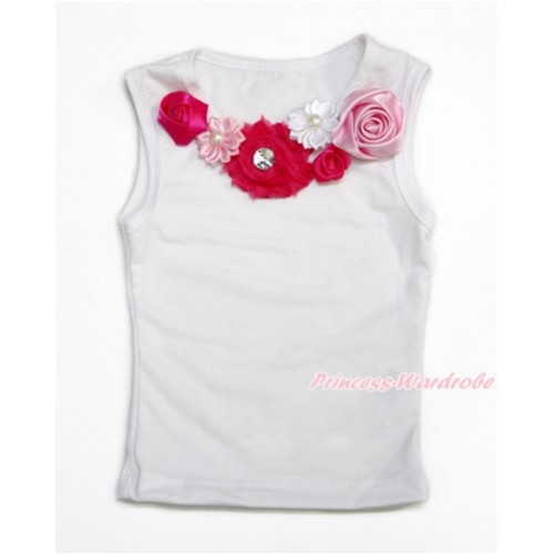 White Tank Top With Hot Light Pink Pearl Flower Rosettes Lacing TB742 