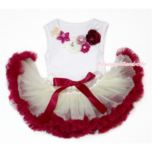 White Baby Pettitop with Rainbow Red Pearl Flower Rosettes Lacing with Cream White Raspberry Wine Red Newborn Pettiskirt NG1444 