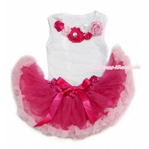 White Baby Pettitop with Hot Light Pink Pearl Flower Rosettes Lacing with Hot Light Pink Newborn Pettiskirt NG1445 