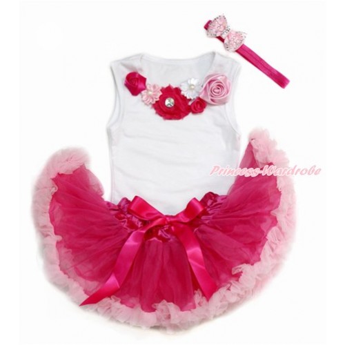 White Baby Pettitop with Hot Light Pink Pearl Flower Rosettes Lacing & Hot Light Pink Newborn Pettiskirt With Hot Pink Headband Light Pink Sparkle Crystal Bling Rhinestone Sequins Bow NG1447 